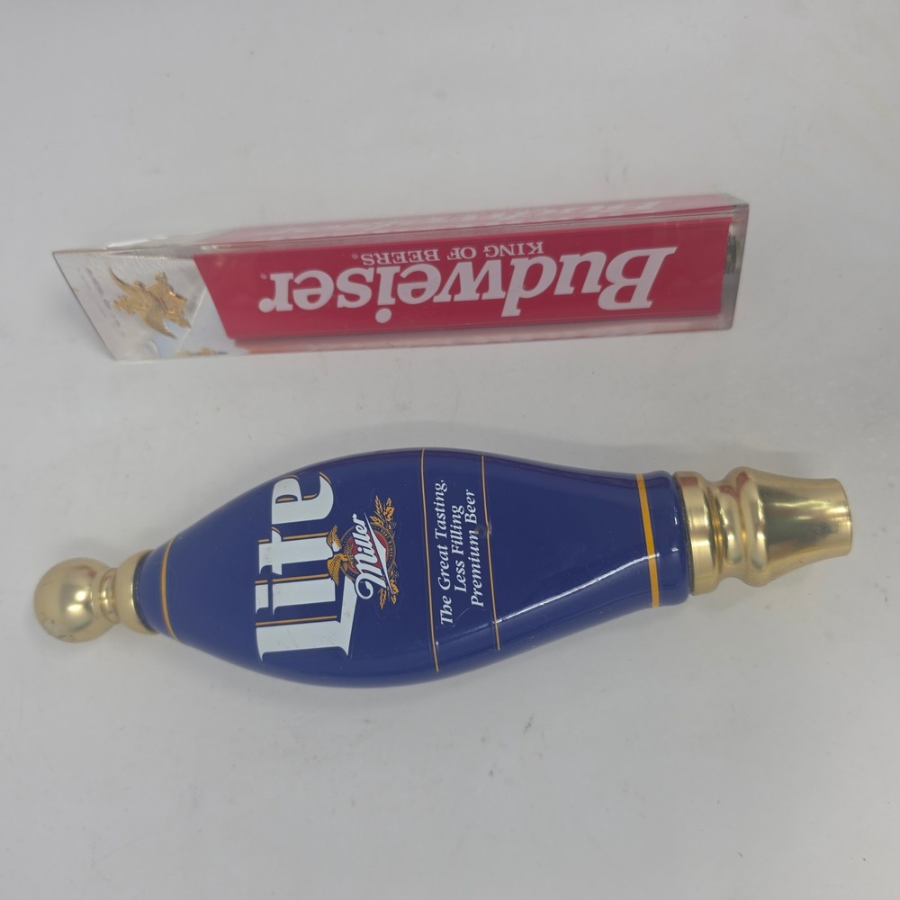 Miller Lite and Budweiser Beer Tap Handle Lot Vintage Barware Breweriana 2pc Set